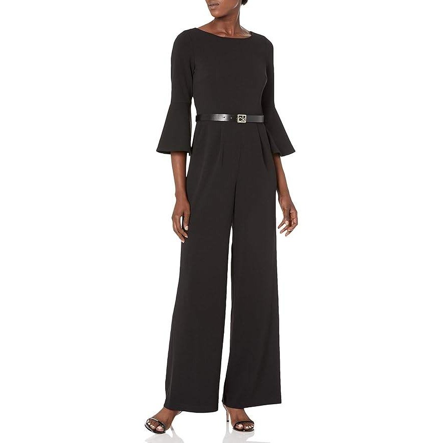 Calvin Klein Bell Sleeve Jumpsuit Straight Leg; Black W/Pockets